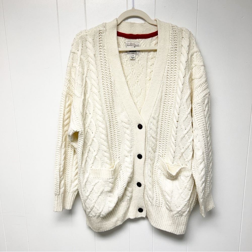Roots Cabin Ivory Wool Blend Cable Knit Cardigan Large
